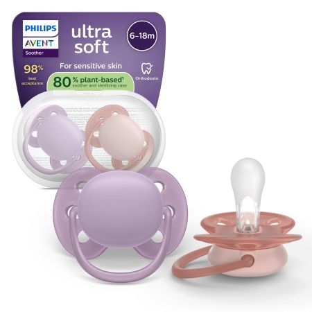 Suzeta Ultra Soft Pacifier Philips Avent, Roz/Mov, 6-18 luni, SCF091/43, 2 bucati, Philips