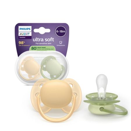 Suzeta Ultra Soft Pacifier Philips Avent, Galben/Verde, 6-18 luni, SCF091/45, 2 bucati, Philips