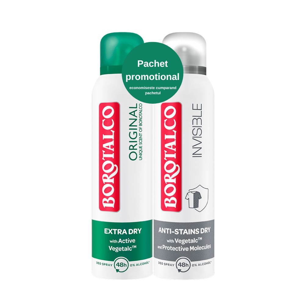 Pachet Deodorant Spray Original + Deodorant Spray Invisible Dry, 2 x150 ml, Borotalco