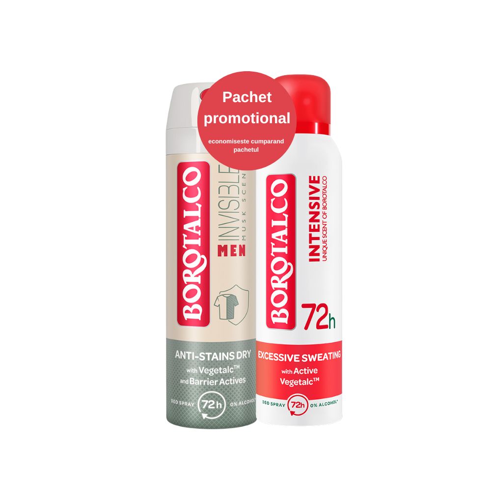 Pachet Deodorant Spray Original + Deodorant Spray Invisible Men, 2 x 150 ml, Borotalco