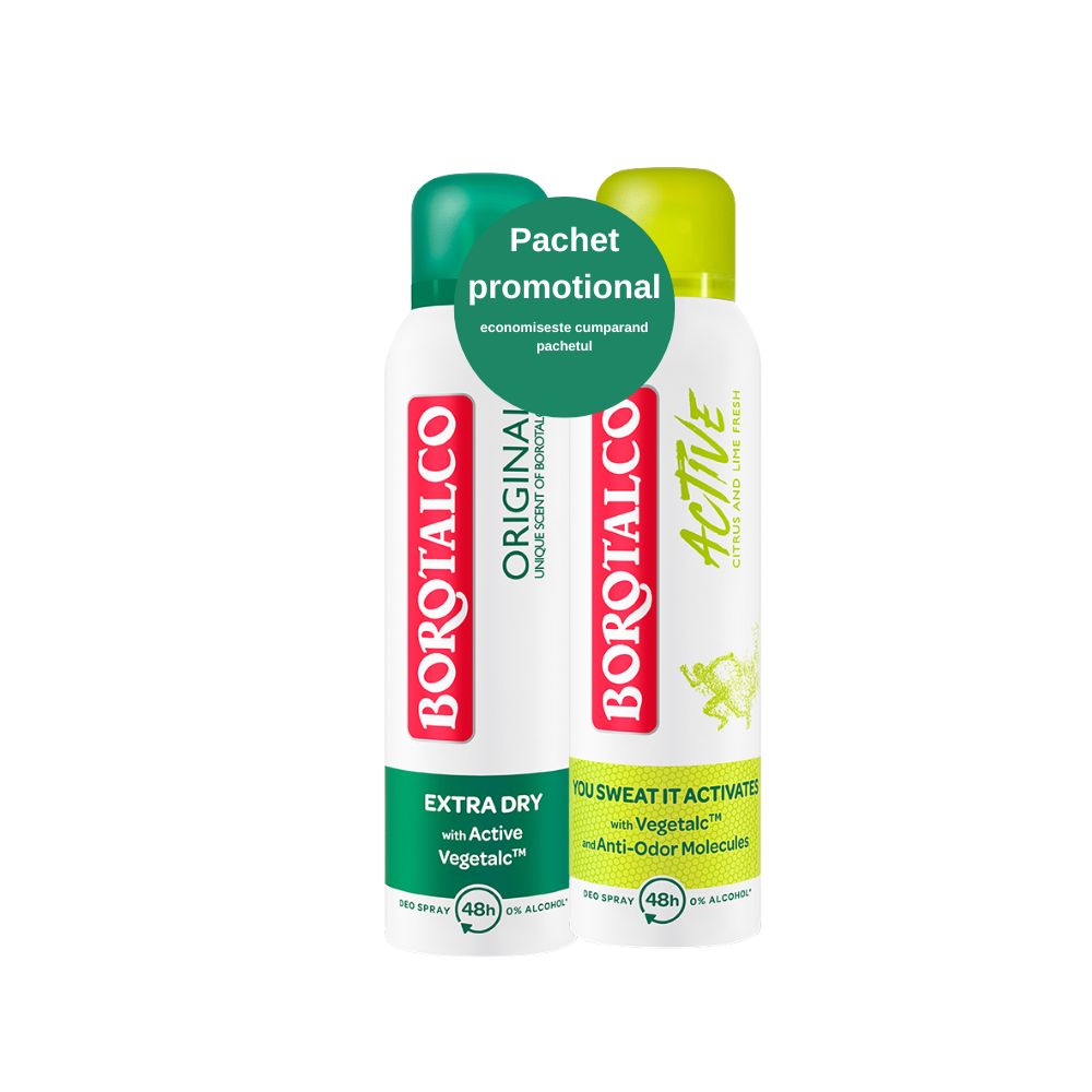 Pachet Deodorant Spray Original + Deodorant Spray Active Green, 2 x 150 ml, Borotalco