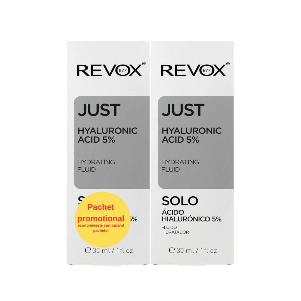 Pachet Fluid hidratant cu 5% acid hialuronic, 2 x 30 ml, Revox
