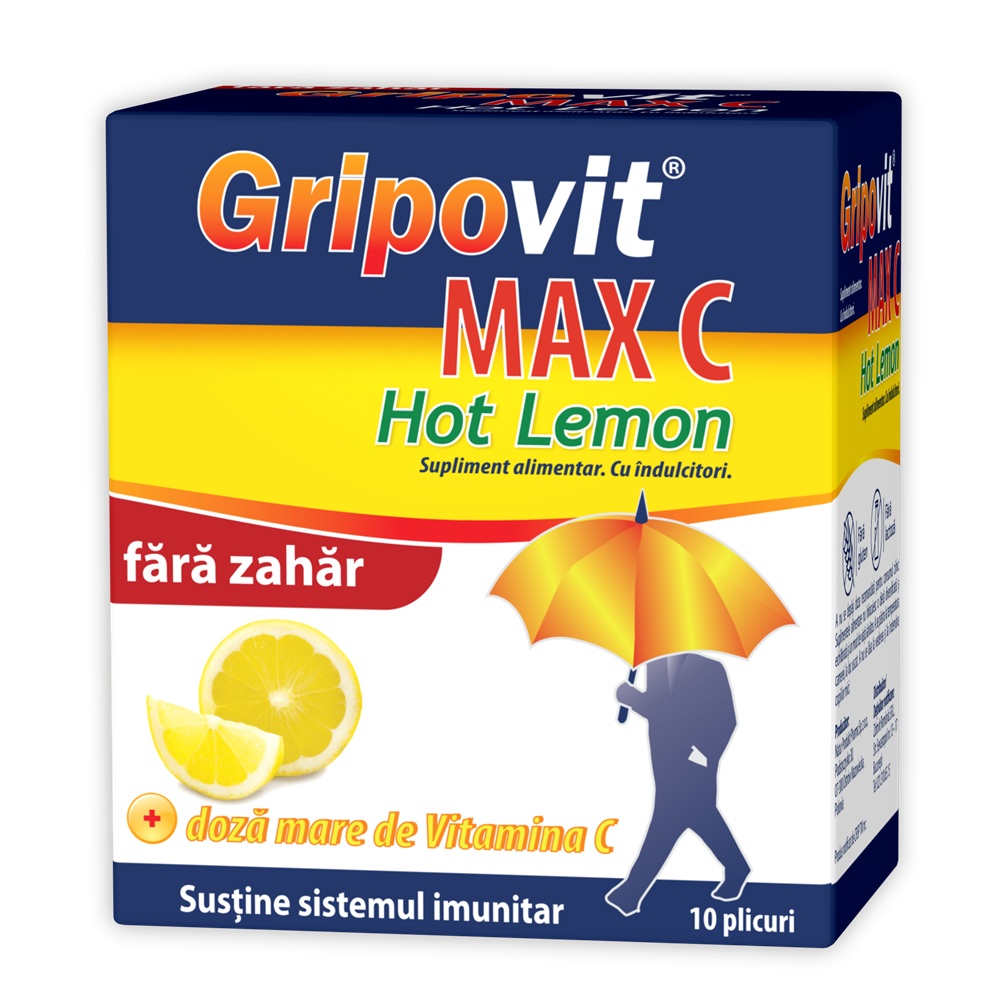 Gripovit Max C Hot Lemon fara zahar, 10 plicuri, Zdrovit