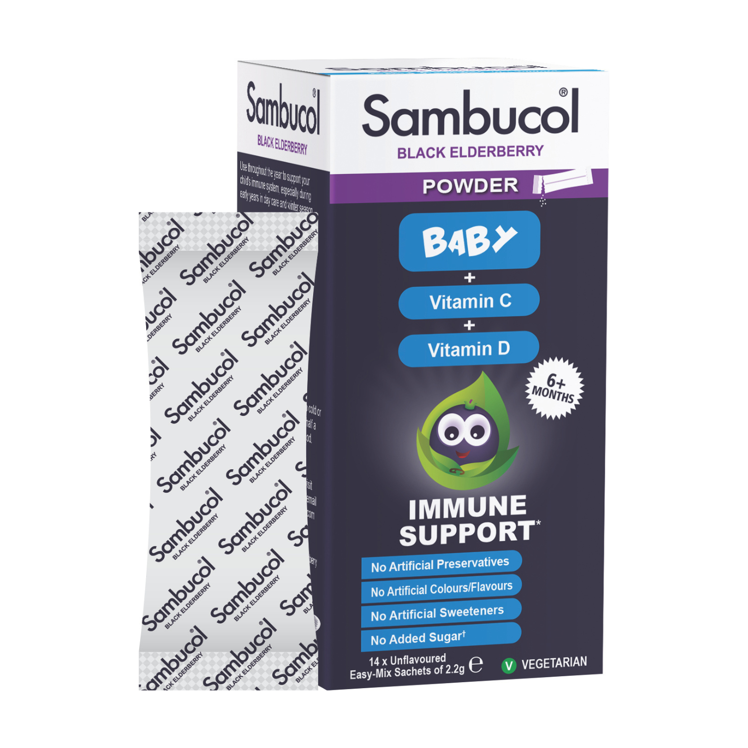 Pulbere cu vitamina C si D pentru bebelusi si copii mici, 6 luni+, 14 plicuri, Sambucol