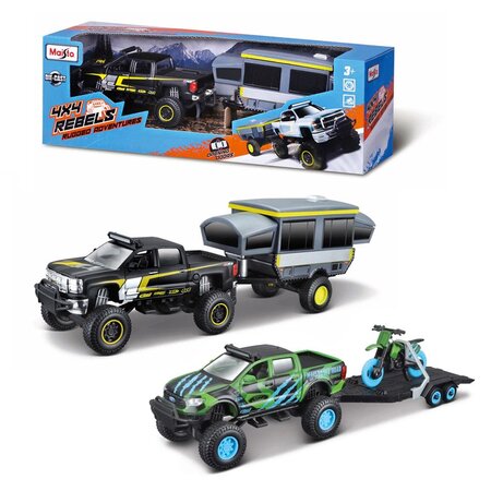 Masinuta metalica 4x4 Rebels Rugged Adventures cu remorca, 3 ani+, 1 bucata, Maisto 735286