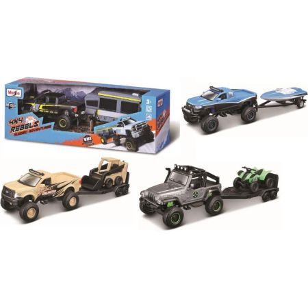Masinuta metalica 4x4 Rebels Rugged Adventures cu remorca, 3 ani+, Maisto