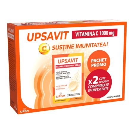 Pachet Upsavit Vitamina C, 1000 mg, 2 x 20 comprimate efervescente, Upsa