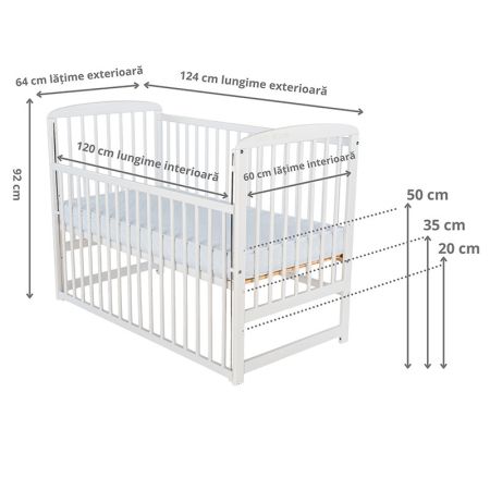 Patut din lemn cu laterala culisanta, Ola, 120x60 cm, Alb, Babyneeds 735813