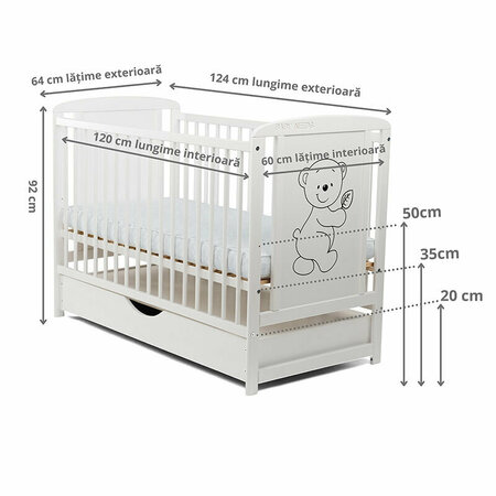 Patut din lemn cu sertar cu capac, Timmi, 120x60 cm, Alb, Babyneeds 735852