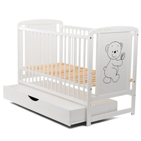 Patut din lemn cu sertar cu capac, Timmi, 120x60 cm, Alb, Babyneeds 735849