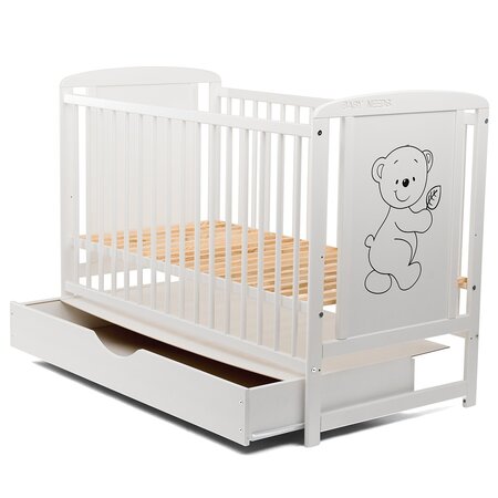 Patut din lemn cu sertar cu capac, Timmi, 120x60 cm, Alb, Babyneeds 735848