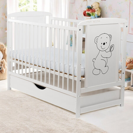 Patut din lemn cu sertar cu capac, Timmi, 120x60 cm, Alb, Babyneeds 735853