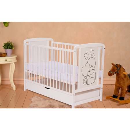 Patut din lemn de pin si MDF cu sertar, 120 x 60 cm, Alb, Timmi Heart, Qmini 736010
