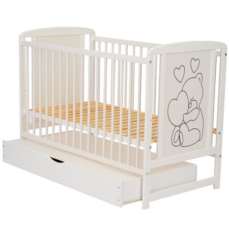 Patut din lemn de pin si MDF cu sertar, 120 x 60 cm, Alb, Timmi Heart, Qmini 736007