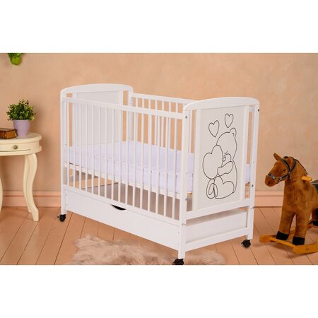 Patut din lemn de pin si MDF cu sertar, 120 x 60 cm, Alb, Timmi Heart, Qmini 736015