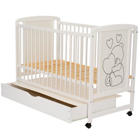 Patut din lemn de pin si MDF cu sertar, 120 x 60 cm, Alb, Timmi Heart, Qmini 736014