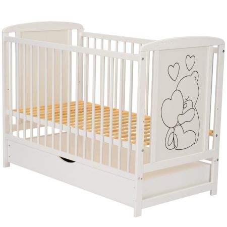 Patut din lemn de pin si MDF cu sertar, 120 x 60 cm, Alb, Timmi Heart, Qmini