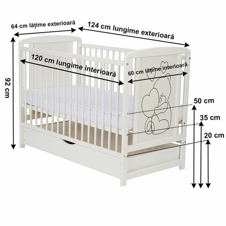 Patut din lemn de pin si MDF cu sertar, 120 x 60 cm, Alb, Timmi Heart, Qmini 736009