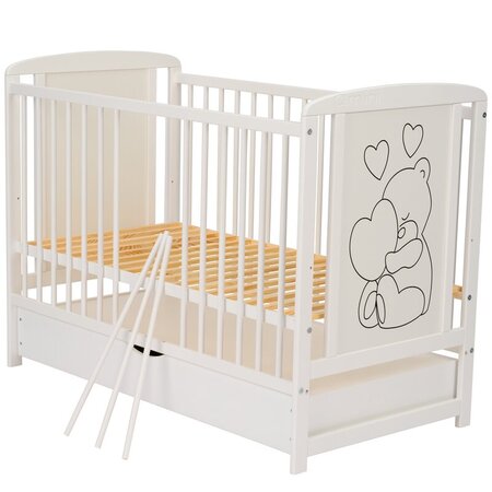 Patut din lemn de pin si MDF cu sertar, 120 x 60 cm, Alb, Timmi Heart, Qmini 736003