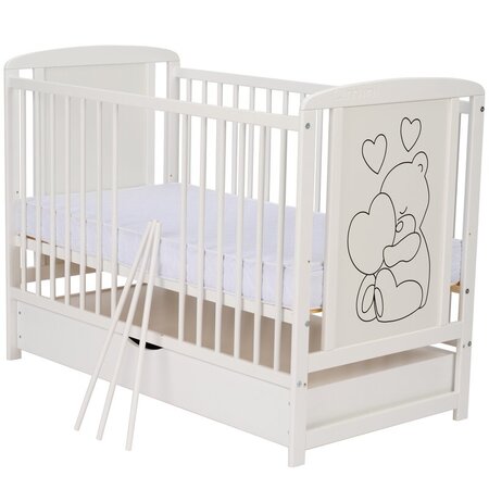 Patut din lemn de pin si MDF cu sertar, 120 x 60 cm, Alb, Timmi Heart, Qmini 736004