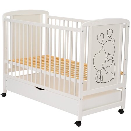 Patut din lemn de pin si MDF cu sertar, 120 x 60 cm, Alb, Timmi Heart, Qmini 736011