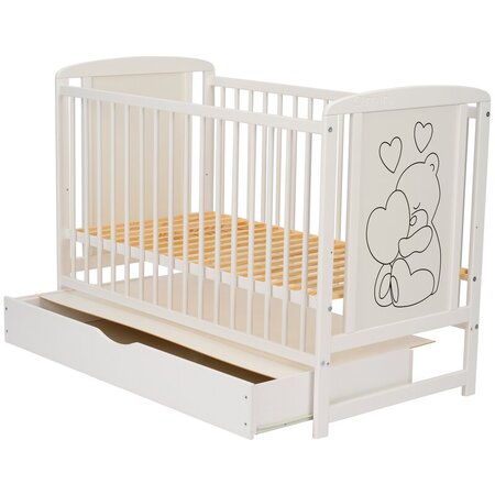 Patut din lemn de pin si MDF cu sertar, 120 x 60 cm, Alb, Timmi Heart, Qmini 736008