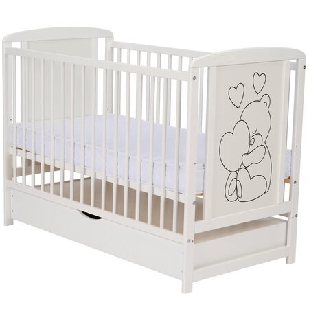 Patut din lemn de pin si MDF cu sertar, 120 x 60 cm, Alb, Timmi Heart, Qmini 736005