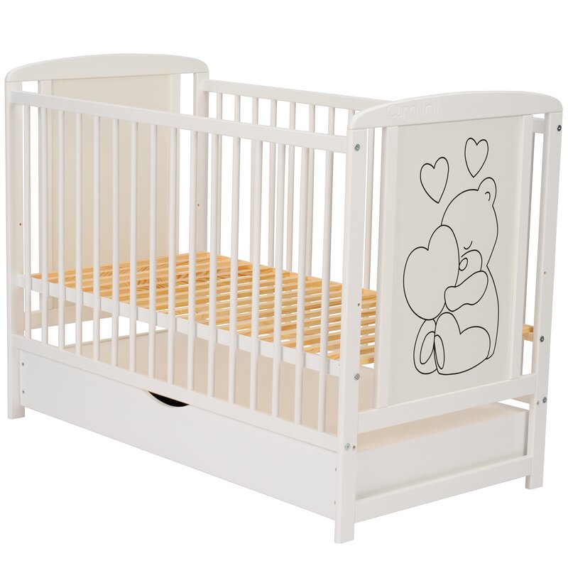 Patut din lemn de pin si MDF cu sertar, 120 x 60 cm, Alb, Timmi Heart, Qmini