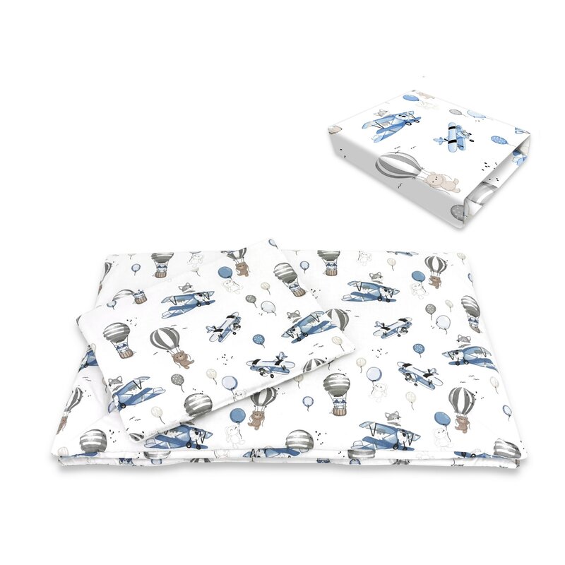 Lenjerie patut 3 piese, cu cearceaf, pilota si pernuta, 120x60 cm, Blue Plane, MimiNu