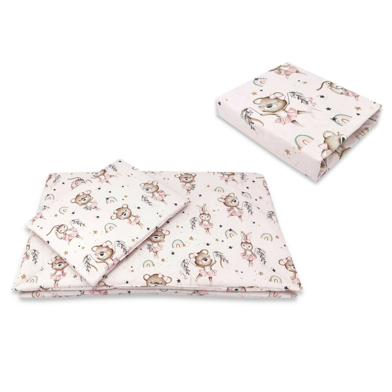 Lenjerie patut 3 piese, cu cearceaf, pilota si pernuta, 120x60 cm, Ballerina Pink, MimiNu