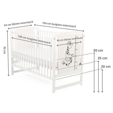 Patut din lemn de pin si MDF Girafa Timmi, 120x60 cm, Alb, Babyneeds 736161