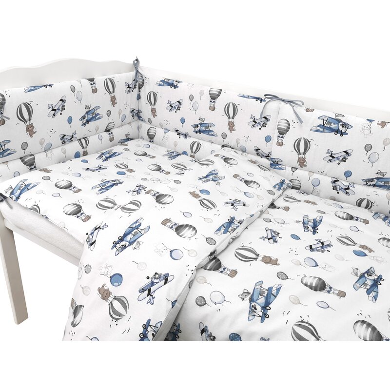 Lenjerie patut 3 piese, cu cearceaf, protectie laterala si husa perna, 120x60 cm, Blue Plane, MimiNu