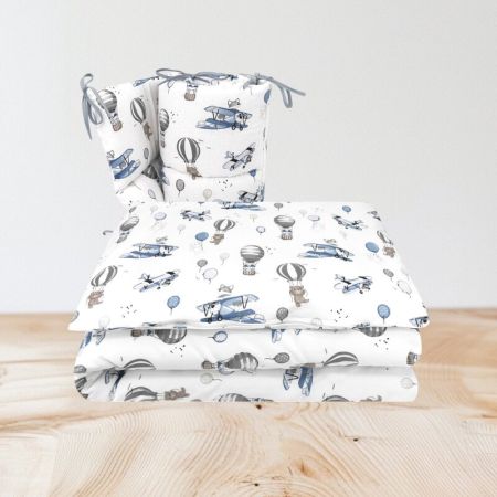 Lenjerie patut 3 piese, cu cearceaf, protectie laterala si husa perna, 120x60 cm, Blue Plane, MimiNu 736163