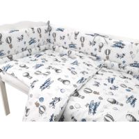 Lenjerie patut 3 piese, cu cearceaf, protectie laterala si husa perna, 120x60 cm, Blue Plane, MimiNu
