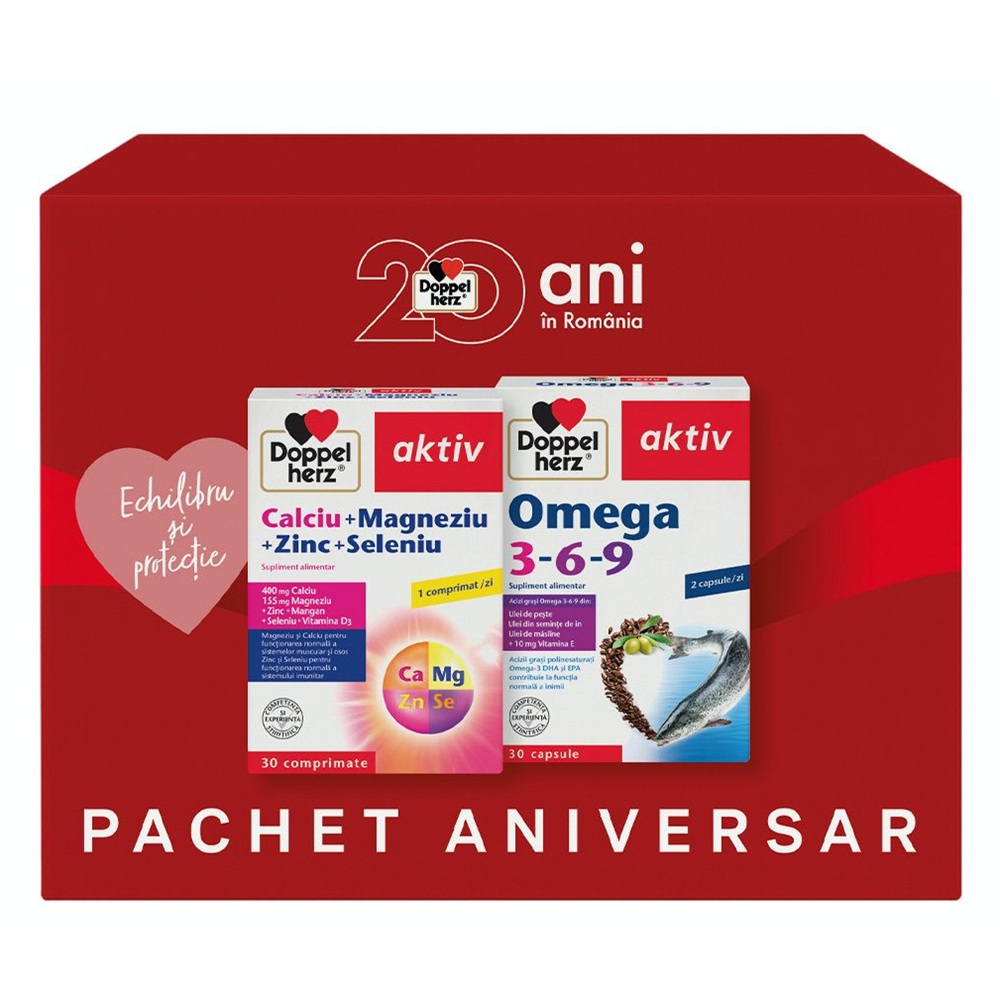 Pachet Calciu + Magneziu + Zinc + Seleniu si Omega 3-6-9, 30 comprimate + 30 capsule, Doppelherz