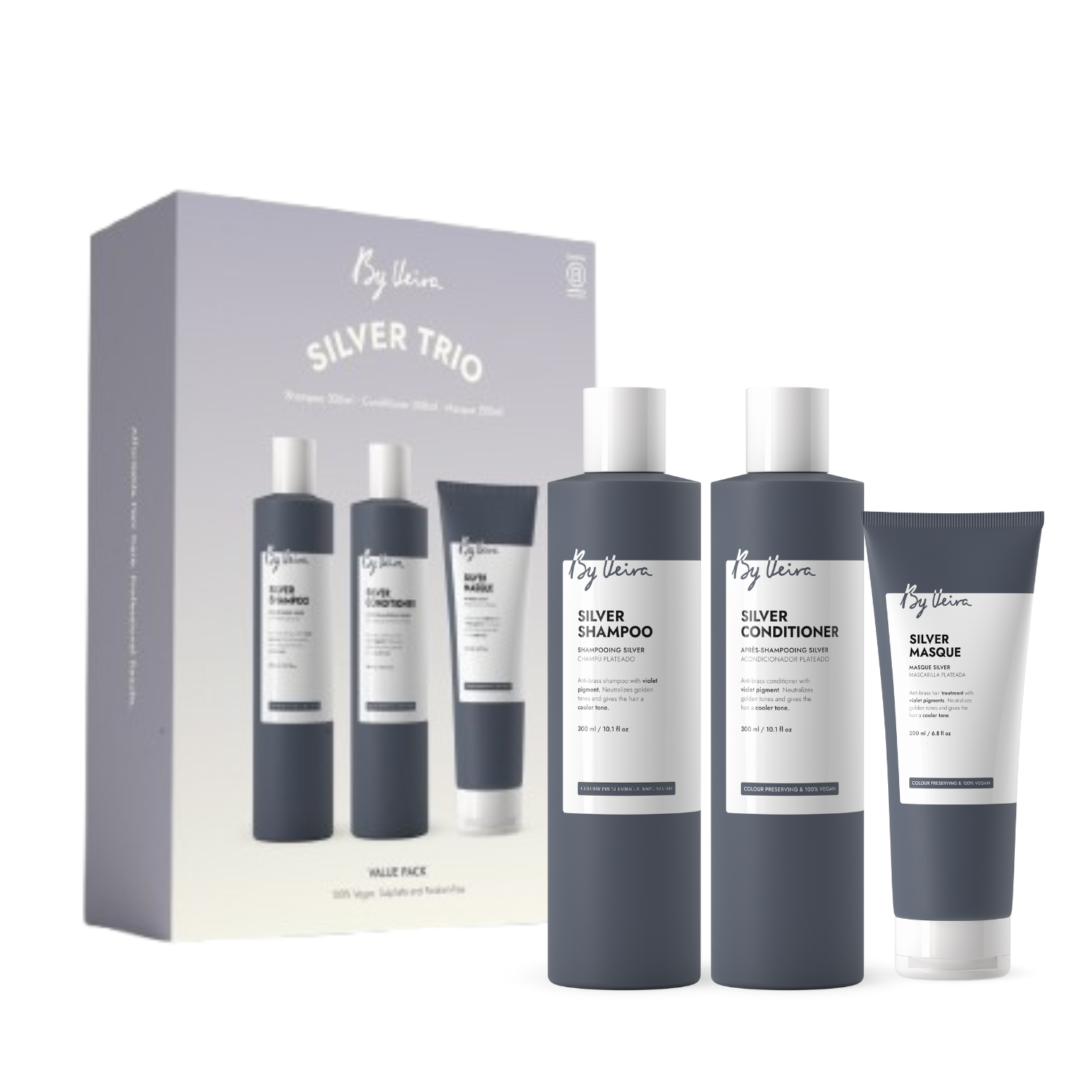 Set anti-ingalbenire cu pigmenti violeti Sampon, Balsam si Masca de par Silver, 300/300/200 ml, By Veira