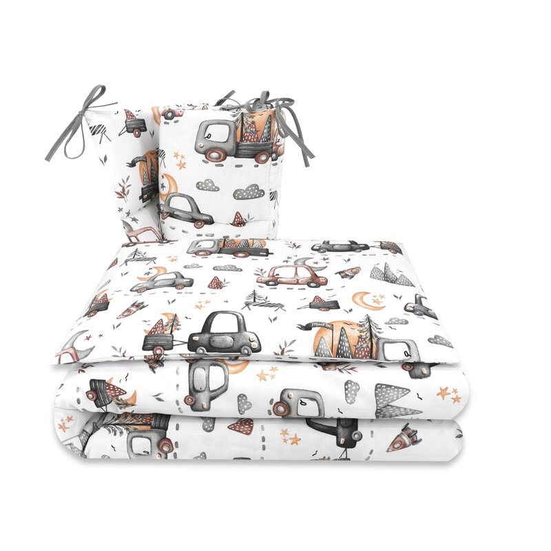 Lenjerie patut cu 3 piese cu protectie laterala, Cars Grey, MimiNu