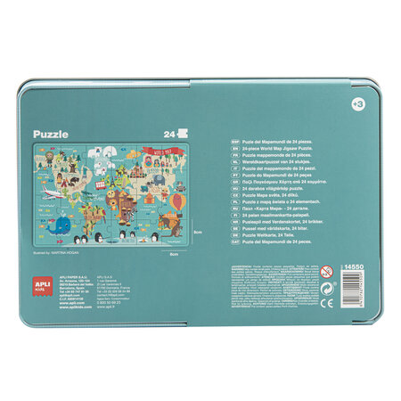 Puzzle XL Harta Lumii, 24 x 48 cm, 3 ani+, 24 piese in cutie metalica, Apli Kids 740575