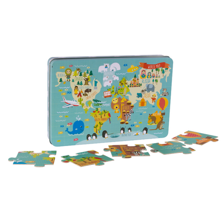 Puzzle XL Harta Lumii, 24 x 48 cm, 3 ani+, 24 piese in cutie metalica, Apli Kids 740574