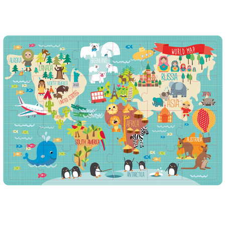 Puzzle XL Harta Lumii, 24 x 48 cm, 3 ani+, 24 piese in cutie metalica, Apli Kids 740573