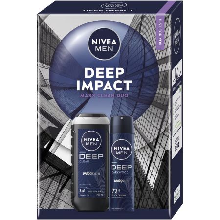 Pachet gel dus + deodorant spray Deep Impact, 250 + 150 ml, Nivea Men