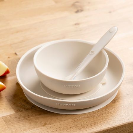 Farfurie, Castronel cu ventuza si lingurita din silicon, Crem, Nattou 742077