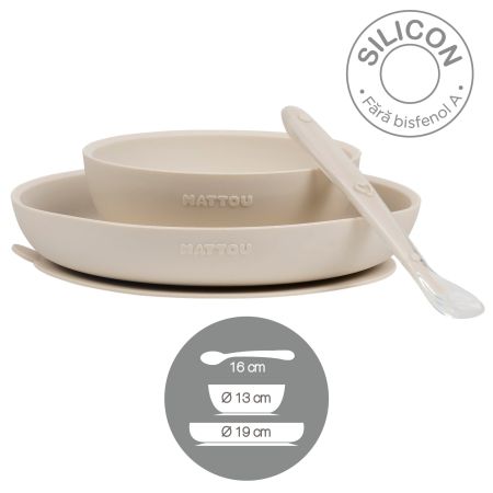 Farfurie, Castronel cu ventuza si lingurita din silicon, Crem, Nattou 742075
