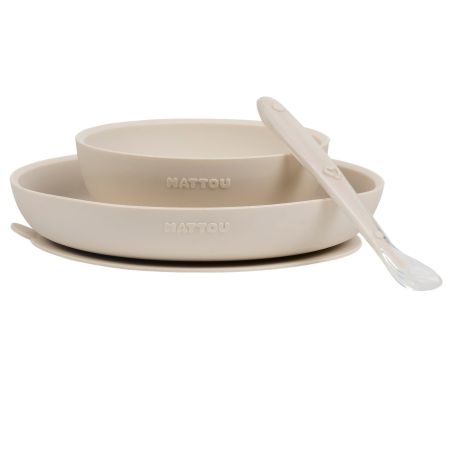 Farfurie, Castronel cu ventuza si lingurita din silicon, Crem, Nattou