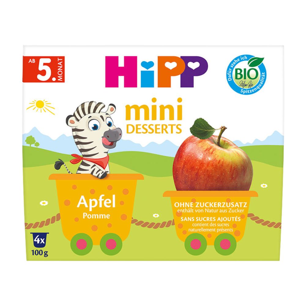 Mini desert Bio cu mere, 5 luni+, 4 x 100 g, Hipp