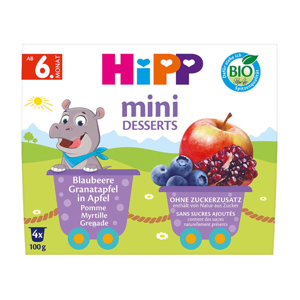 Mini desert Bio cu mere, afine si rodie, 4 x 100 g, Hipp