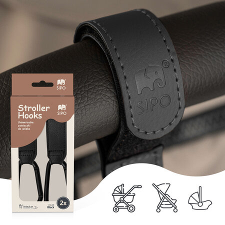 Carlige universale din piele ecologica pentru carucior, Negru, 2 bucati, Sipo 743393