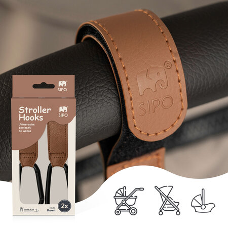 Carlige universale din piele ecologica pentru carucior, Maro, 2 bucati, Sipo 743403