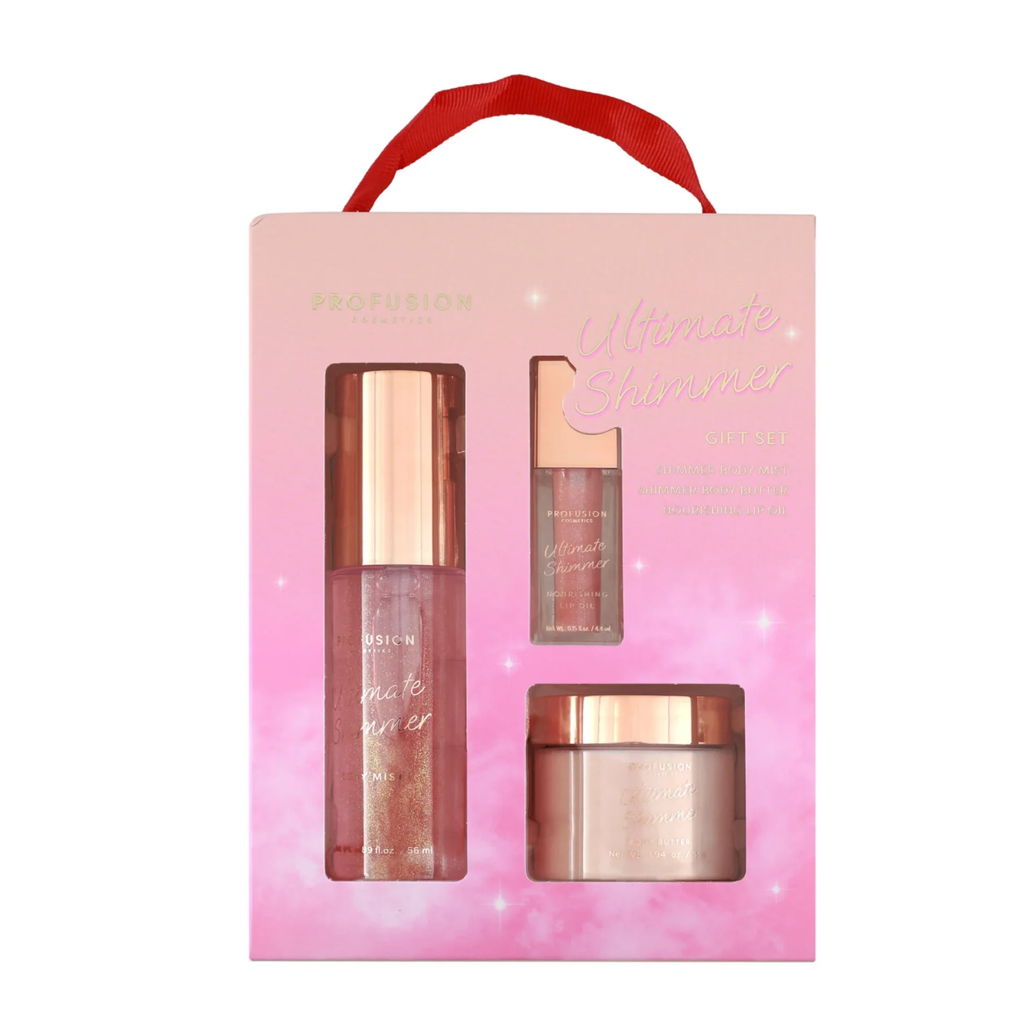 Set spray de corp, unt de corp si ulei de buze Ultimate Shimmer, Profusion Cosmetics