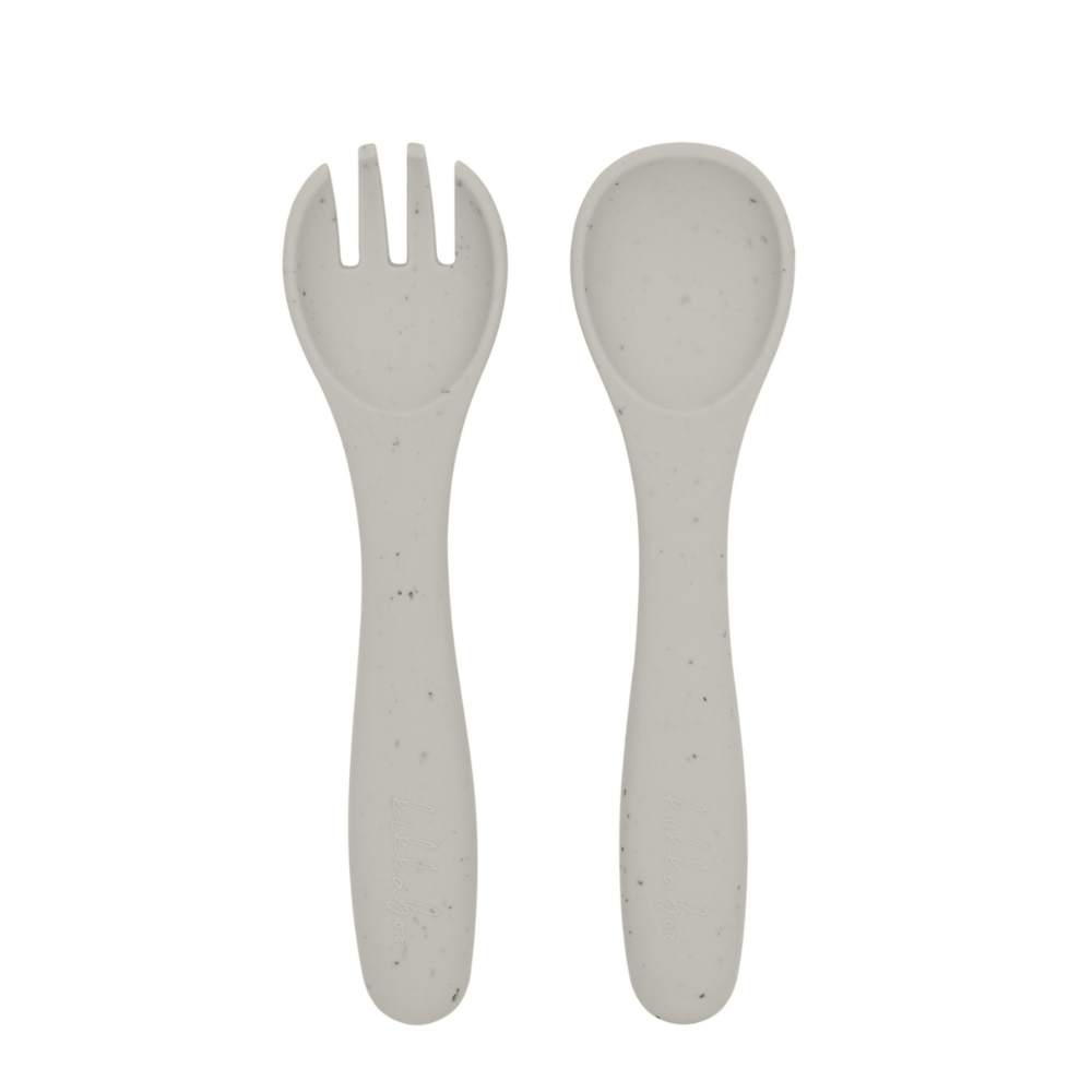 Set furculita si lingurita din silicon Platinum, Sand, Kikka Boo